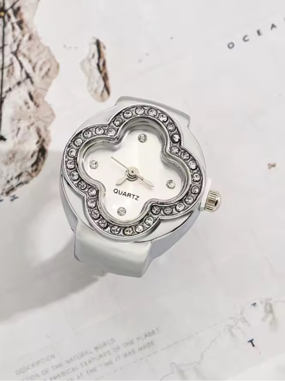 Elegant Women's Silver-Tone Flower Dial Quartz Ring Watch - White Strap